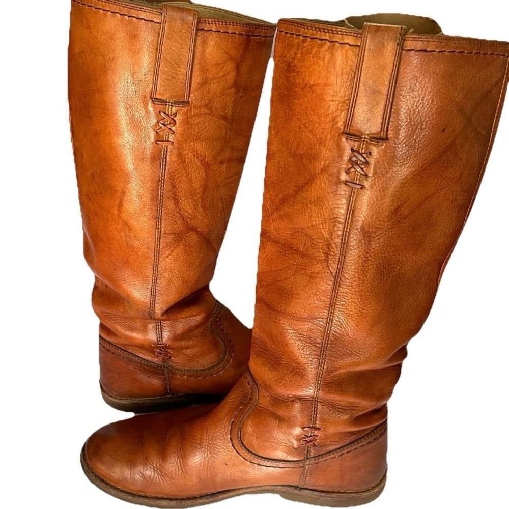Frye Celia X Stitch 76324 Women's Tall Cognac Leather Riding Boots SZ 7 1/2 READ
